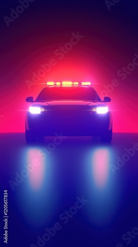 Police Car Front Shining with Red and Blue Lights in Pink and Purple Gradient