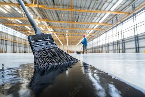 Worker applying paint to the floor in a large warehouse photo