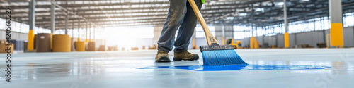 Wallpaper Mural Worker applies blue paint in spacious warehouse environment Torontodigital.ca