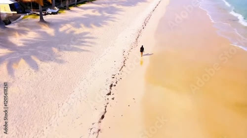 Gorgeous shot walking through a tropical beach with white sand, palm trees, and turquoise water on the beautiful Playa del Carmen in Riviera Maya, Mexico near Cancun on a sunny summer day on vacation.