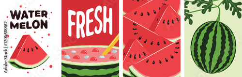 Watermelon poster vector illustration. Fresh summer fruit design for kitchen decor, fruit shop, hwachae poster, farmers market, background, or wallpaper.