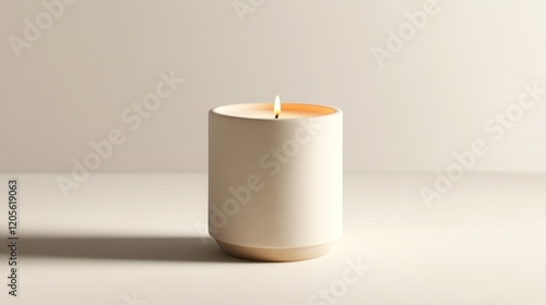 Lit ceramic candle studio shot, beige background, minimalist