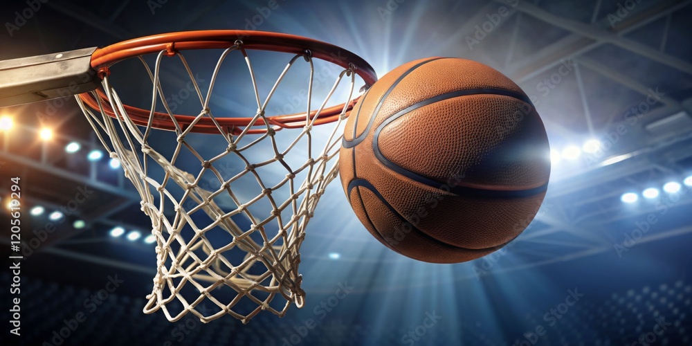 Basketball Spinning Towards Hoop in Dramatic Lighting Basketball Spinning Towards Hoop in Dramatic Lighting