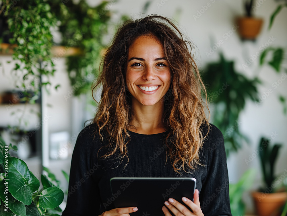 Fototapeta premium A cheerful young Hispanic businesswoman in formal attire, an accomplished corporate leader, standing confidently in her bright ambience office holding a tablet with no logo.