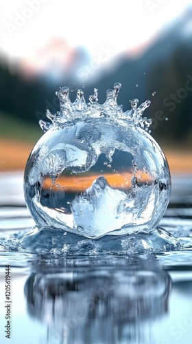 crystal ball with water splash on the table, close-up. photo