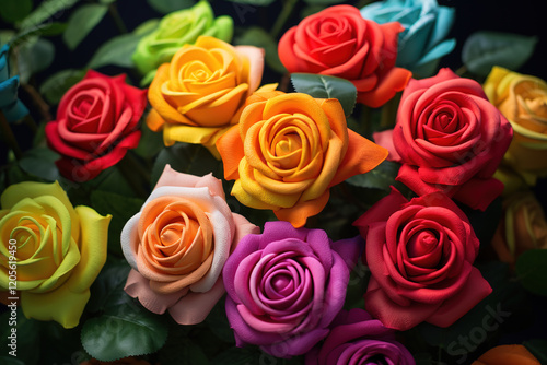 A vibrant bouquet of colorful roses in various hues, perfect for adding a touch of romance and beauty to any project.
