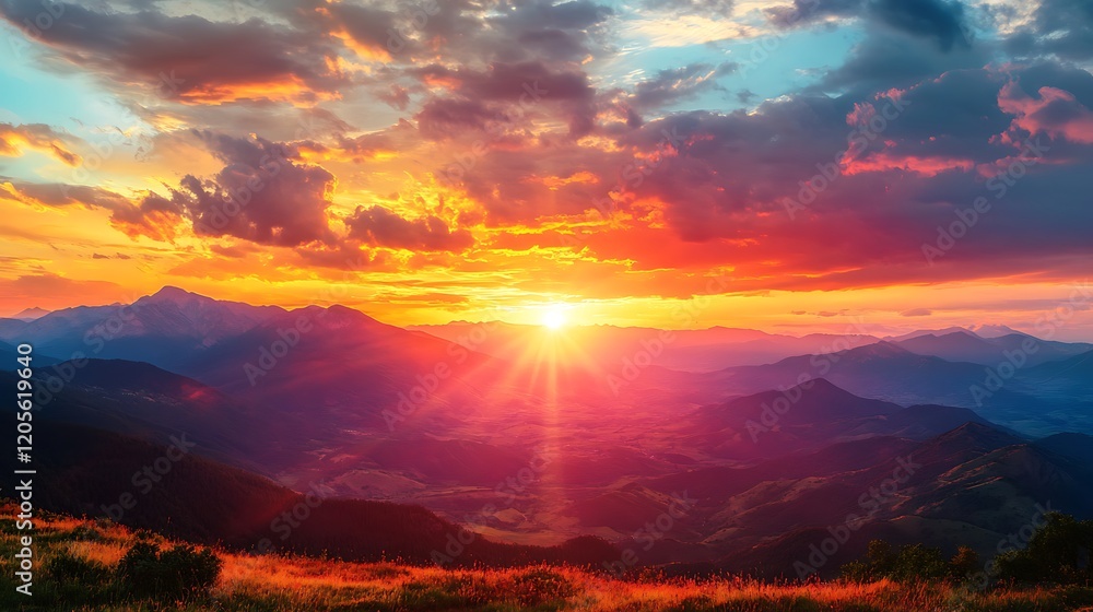 A Vibrant Sunset Over Rolling Mountains A Vibrant Sunset Over Rolling Mountains
