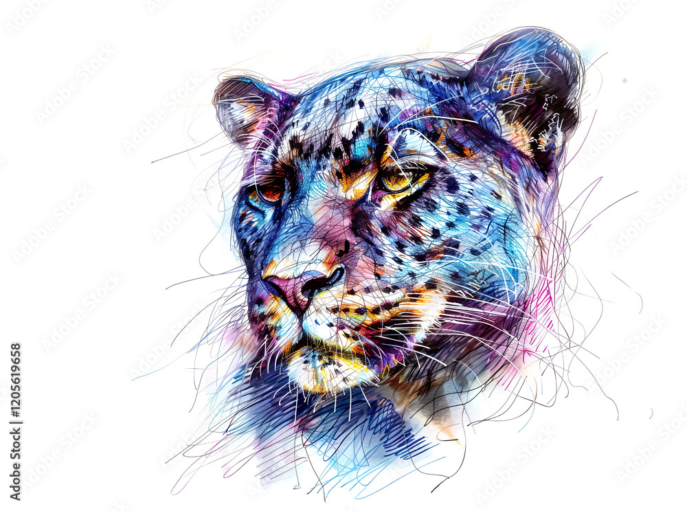 Obraz premium Colorful pencil drawing of a panther head, featuring rough artistic lines and vibrant hues of blue, purple, and yellow for a striking effect.. Wildlife Animals.
