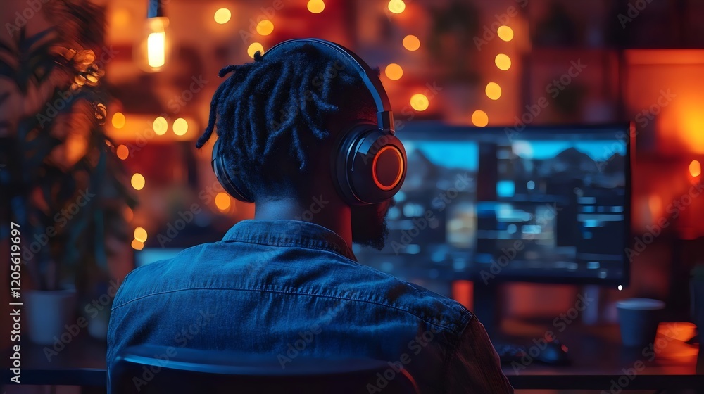A man wearing headphones is sitting in front of a computer monitor A man wearing headphones is sitting in front of a computer monitor