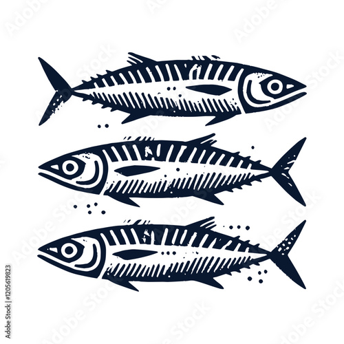 Minimalistic hand-drawn mackerel fish illustration in black and white