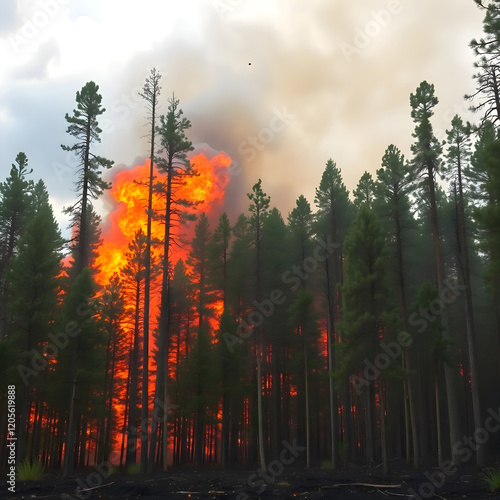 big fire in lush green forest  photo