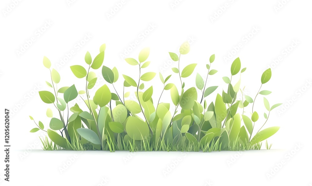 Fototapeta premium Lush green spring foliage illustration, white background, nature design element