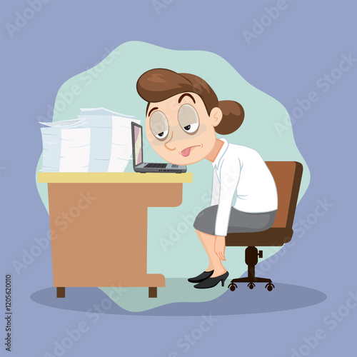 Busy Tired Female Office Worker Vector Illustration.