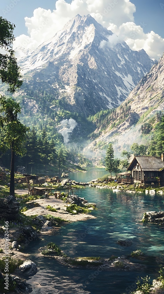 Fototapeta premium Serene mountain landscape with a tranquil river and rustic cabin.