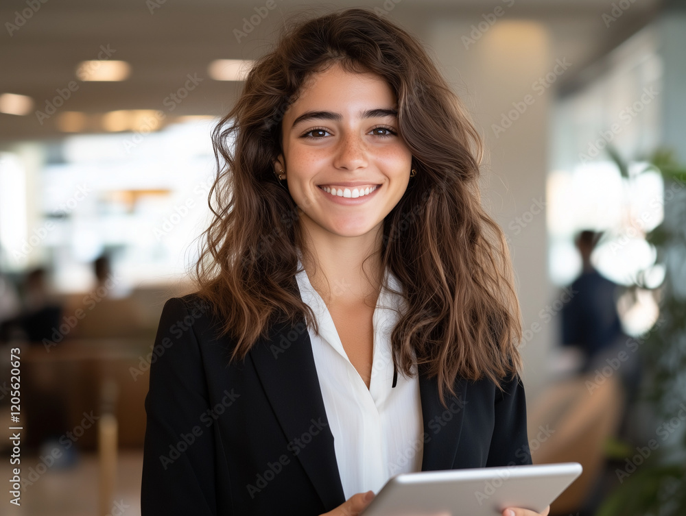 A cheerful young Hispanic businesswoman in formal attire, an accomplished corporate leader, standing confidently in her bright ambience office holding a tablet with no logo. A cheerful young Hispanic businesswoman in formal attire, an accomplished corporate leader, standing confidently in her bright ambience office holding a tablet with no logo.