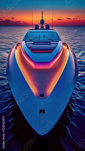 Sleek Sunseeker Yacht Illuminated at Sunset on Calm Water photo