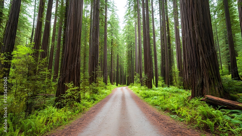 Fototapeta premium Serene Forest Road Winding Through Towering Trees,Embracing Nature's Harmony