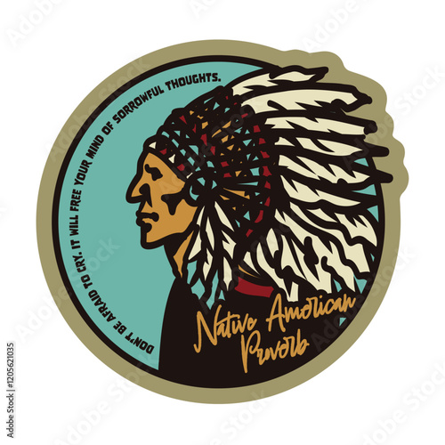 ネイティブアメリカンの男性の横顔、ネイティブアメリカンの諺、シンプルなフラットベクターイラスト、ステッカー風