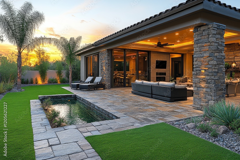 Obraz premium Beautiful home with stone pavers and lush landscaping in Arizona Mobile Living community, featuring a green lawn and patio area, ideal for outdoor living.