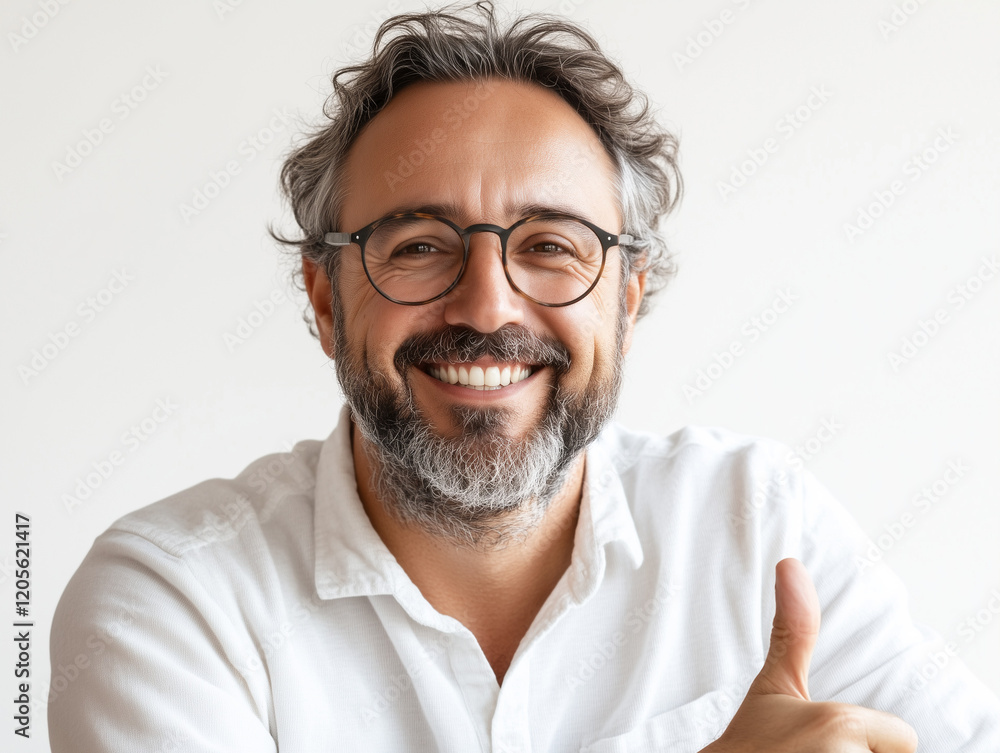 A confident professional man smiling brightly, wearing formal attire and black long pants, giving a thumbs-up gesture with his hands against a plain white background. A confident professional man smiling brightly, wearing formal attire and black long pants, giving a thumbs-up gesture with his hands against a plain white background.