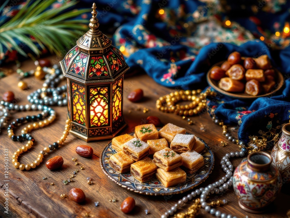 Middle eastern pastries and lantern on festive table with dates and decorative fabrics Middle eastern pastries and lantern on festive table with dates and decorative fabrics