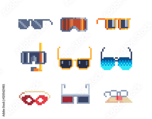 Sunglasses pixel art style icons set element design app, web, sticker. Isolated abstract vector illustration. Video game sprite. 