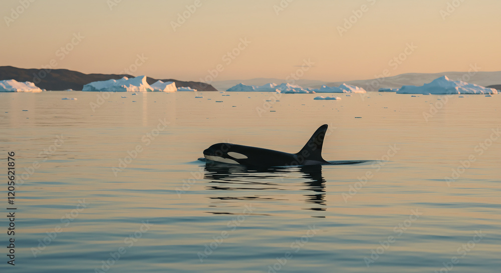Fototapeta premium A solitary baby orca swims freely in the open ocean during a calm, golden sunset. Its sleek black-and-white body contrasts with the deep blue water, and its eye glints with a peaceful, quiet aura.