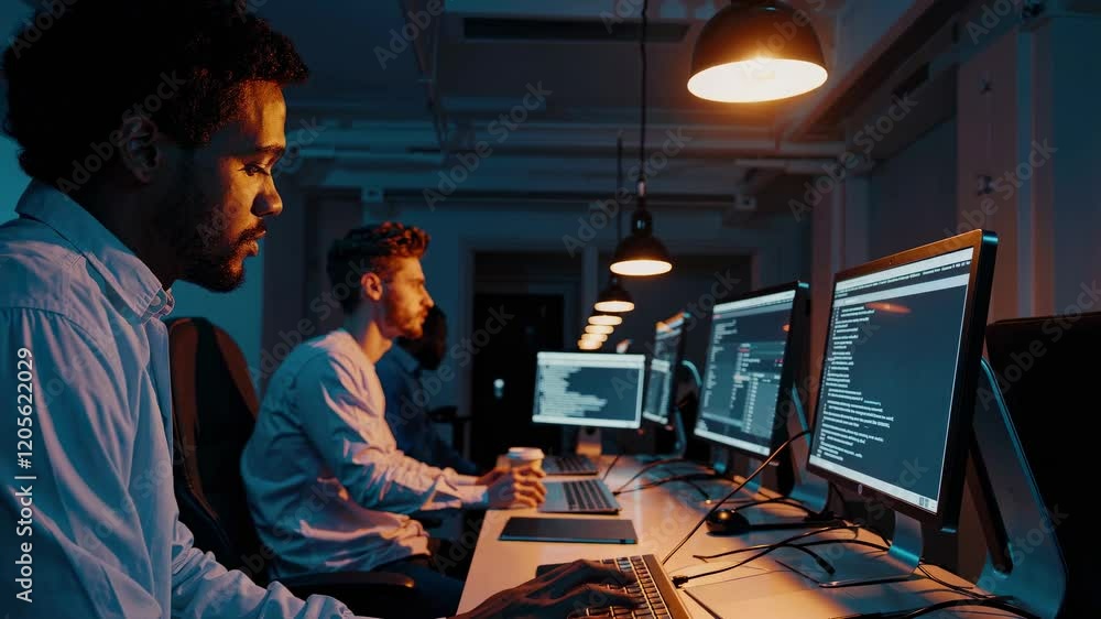 Programmers collaborate late at night in a tech workspace with glowing screens and focused expressions Programmers collaborate late at night in a tech workspace with glowing screens and focused expressions