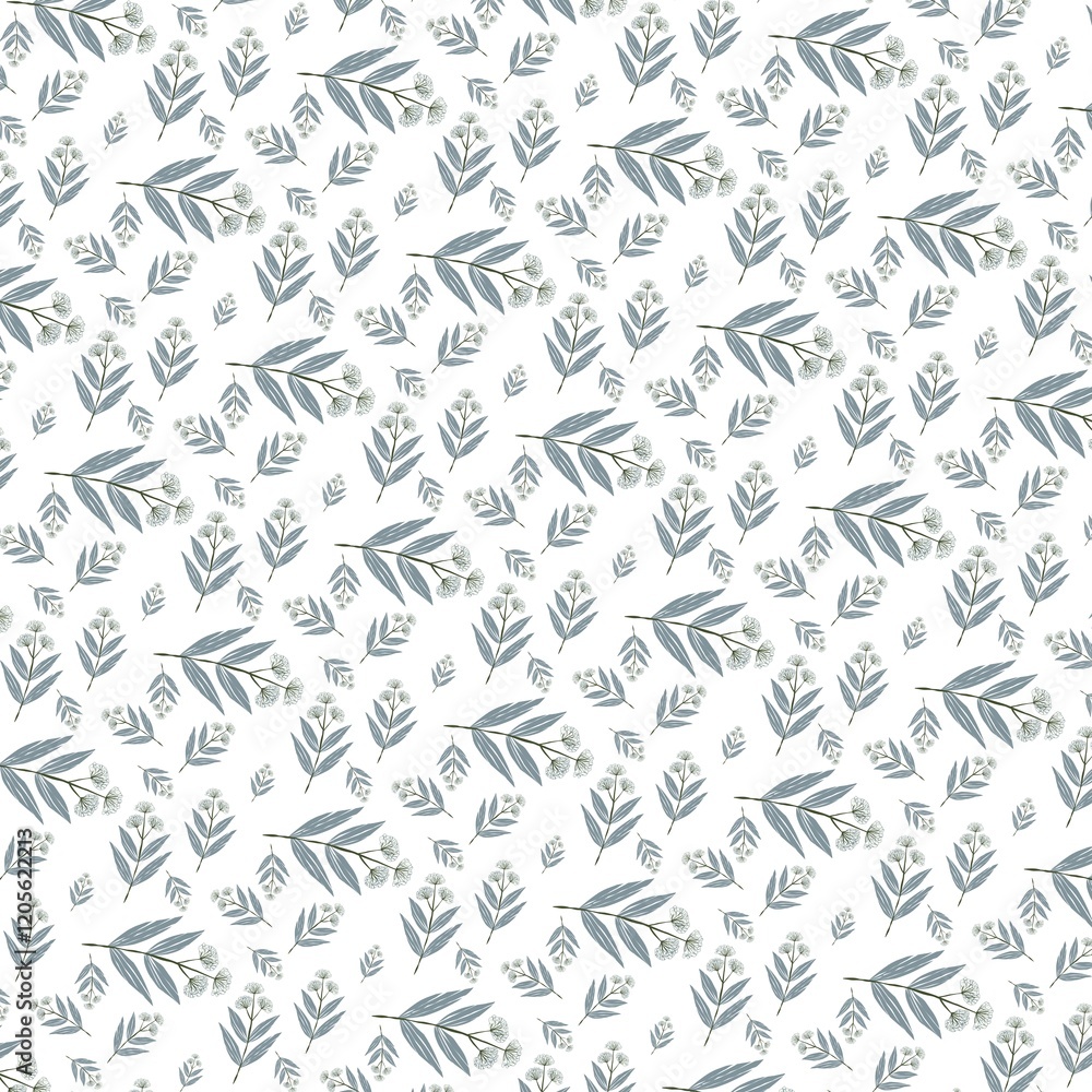Minimalist floral pattern with light green eucalyptus leaves. Perfect for textile designs, wallpaper or as a backdrop for an elegant design Minimalist floral pattern with light green eucalyptus leaves. Perfect for textile designs, wallpaper or as a backdrop for an elegant design