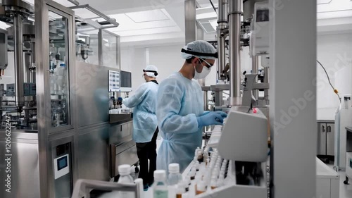 Factory of medicine or vaccine for processing and bottling. Science and Medicine Working Together