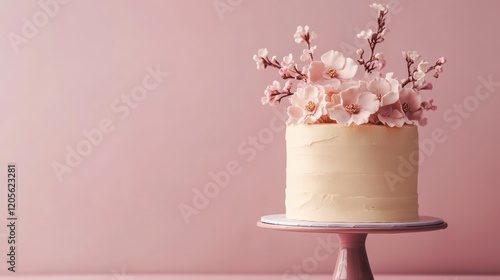 Elegant cream cake with pastel flowers on pink background photo