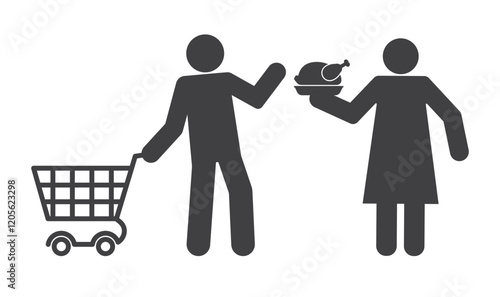man nad woman with shopping cart and fried chiken icon