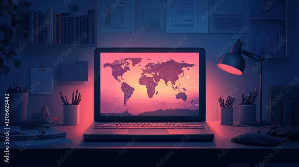 Obraz premium Laptop displaying world map on desk at night.