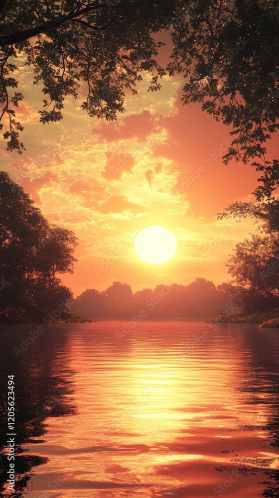 A serene sunset view over a tranquil river surrounded by lush trees. A serene sunset view over a tranquil river surrounded by lush trees.