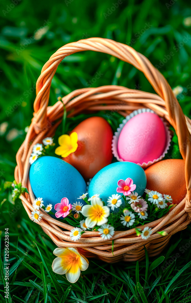 Multi-colored Easter eggs in a wicker basket. The basket stands on green grass with spring flowers. Multi-colored Easter eggs in a wicker basket. The basket stands on green grass with spring flowers.
