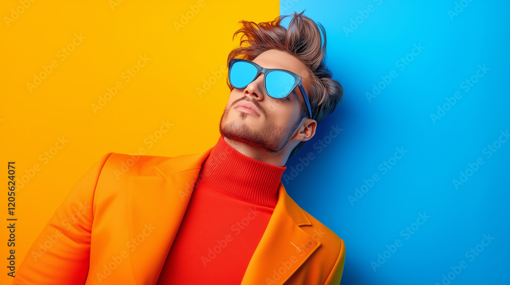 Stylish man poses in vibrant orange and blue backdrop Stylish man poses in vibrant orange and blue backdrop