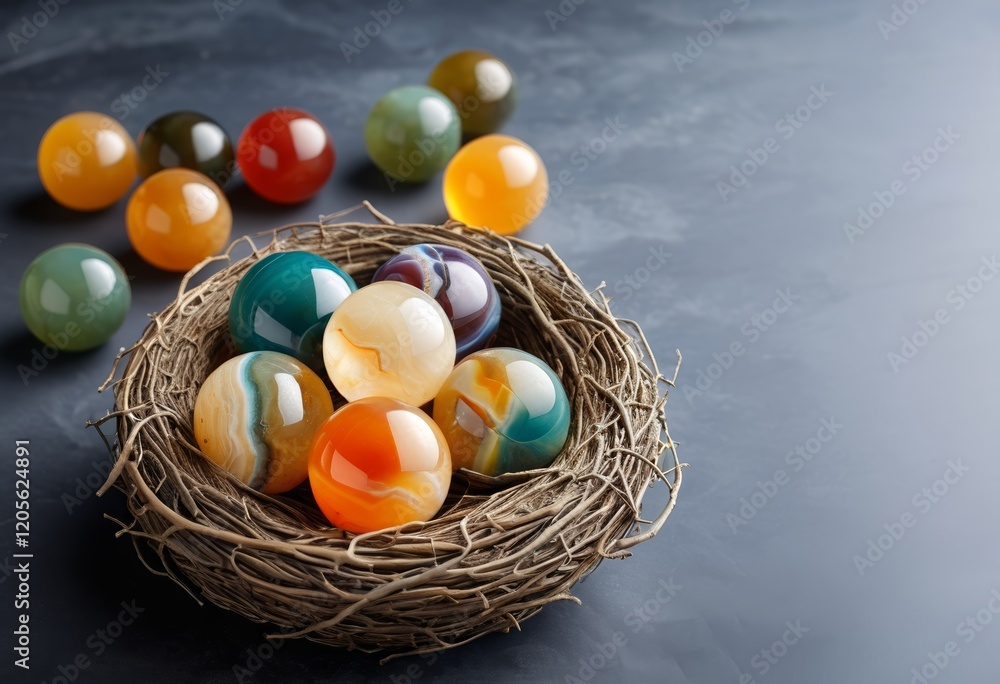 Coloured onyx balls in a real bird's nest with natural light Coloured onyx balls in a real bird's nest with natural light
