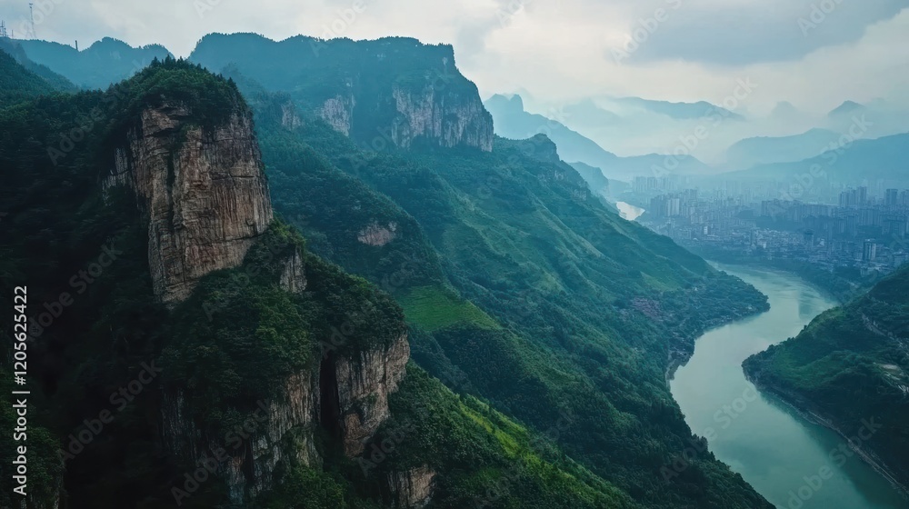 Majestic mountains meet the city as a river carves through the landscape in an atmospheric scene Majestic mountains meet the city as a river carves through the landscape in an atmospheric scene