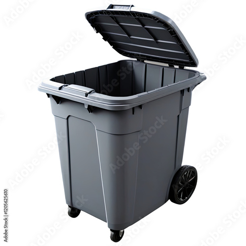 A sturdy, large gray trash bin equipped with wheels and a lid, perfect for easy waste management and mobility
