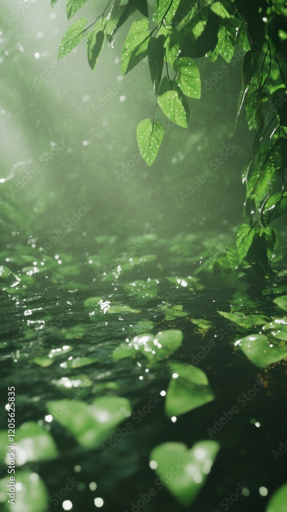 A serene view of lush green leaves reflected on calm water in a misty environment. A serene view of lush green leaves reflected on calm water in a misty environment.