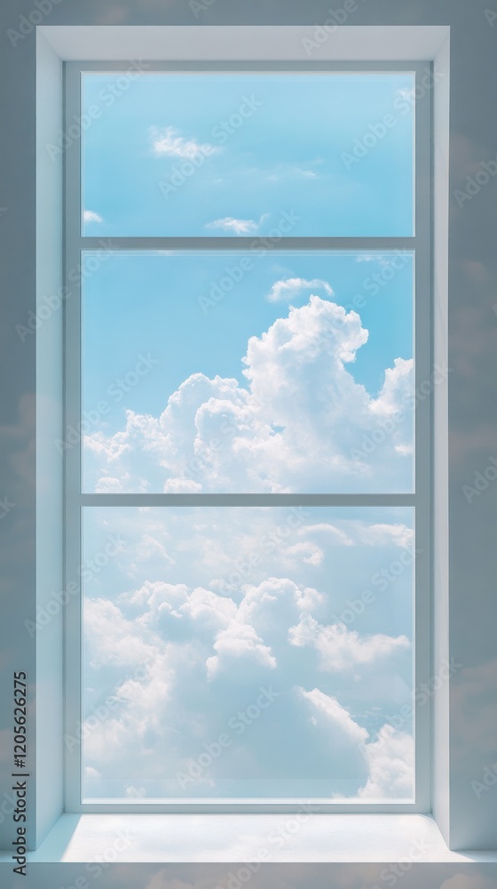 A serene view through a window showcasing fluffy clouds against a bright blue sky. A serene view through a window showcasing fluffy clouds against a bright blue sky.