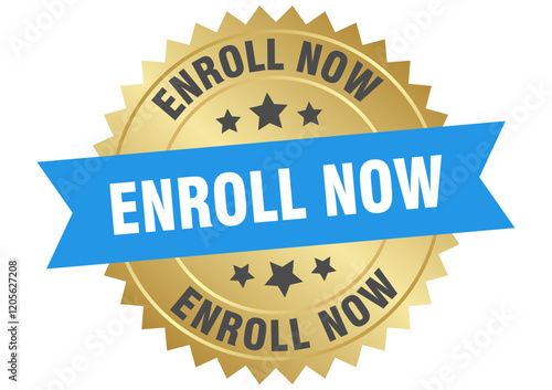 enroll now. enroll now round blue and gold label isolated on transparent background