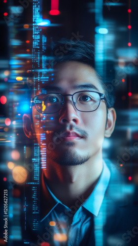 Tech professional examining glowing holographic code interface, wearing glasses and focused on digital workspace