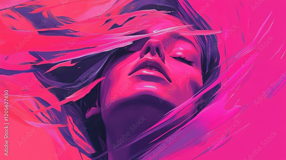 A vibrant, abstract portrait of a woman with flowing hair, surrounded by bold pink and purple hues, capturing a sense of freedom and emotion. A vibrant, abstract portrait of a woman with flowing hair, surrounded by bold pink and purple hues, capturing a sense of freedom and emotion.