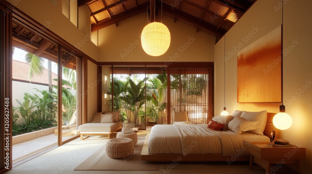 Fototapeta premium A beautiful bedroom with a high ceiling, modern chandelier, and a cozy seating area.