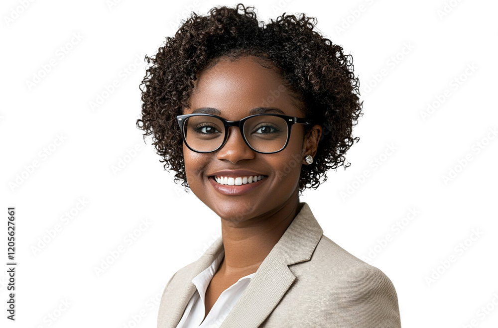 Portrait of a smiling business woman with curly hair, wearing glasses and a beige blazer, isolated on a transparent background Portrait of a smiling business woman with curly hair, wearing glasses and a beige blazer, isolated on a transparent background