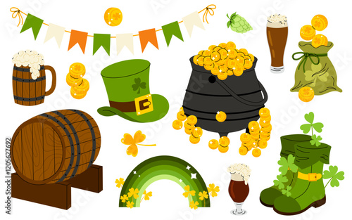 St. Patrick Day. Set of symbols and elements. Glasses of beer, cone hat, cauldron with gold, clover, flags, boots, gold coins.