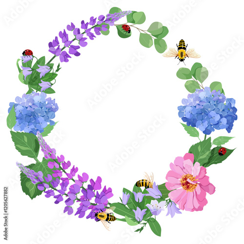 Wreath with lupine, campanula, hydrangea, ladybugs and bees on an isolated background. With space for your text.