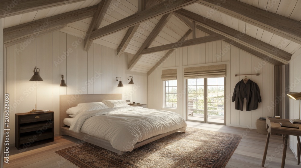 A bright and spacious bedroom with clean white walls, a large area rug, and cozy bedding. A bright and spacious bedroom with clean white walls, a large area rug, and cozy bedding.