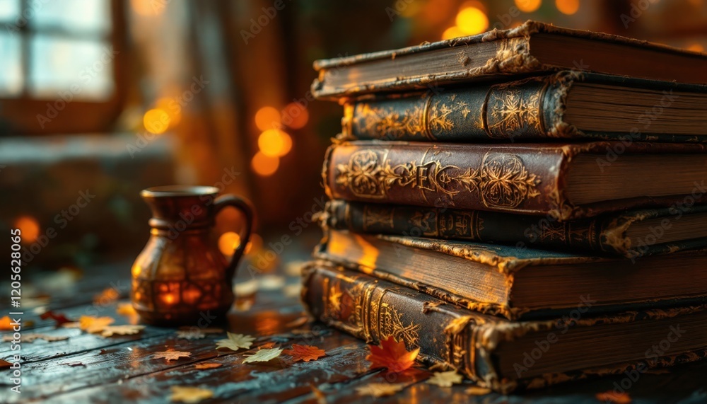 Cozy autumn scene with antique books and warm candlelight indoors Cozy autumn scene with antique books and warm candlelight indoors